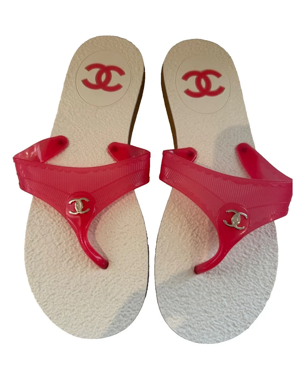 Authentic CHANEL Jelly Thong Sandals - Fuchsia Pink/Cream Size 38 - Pristine/NEW